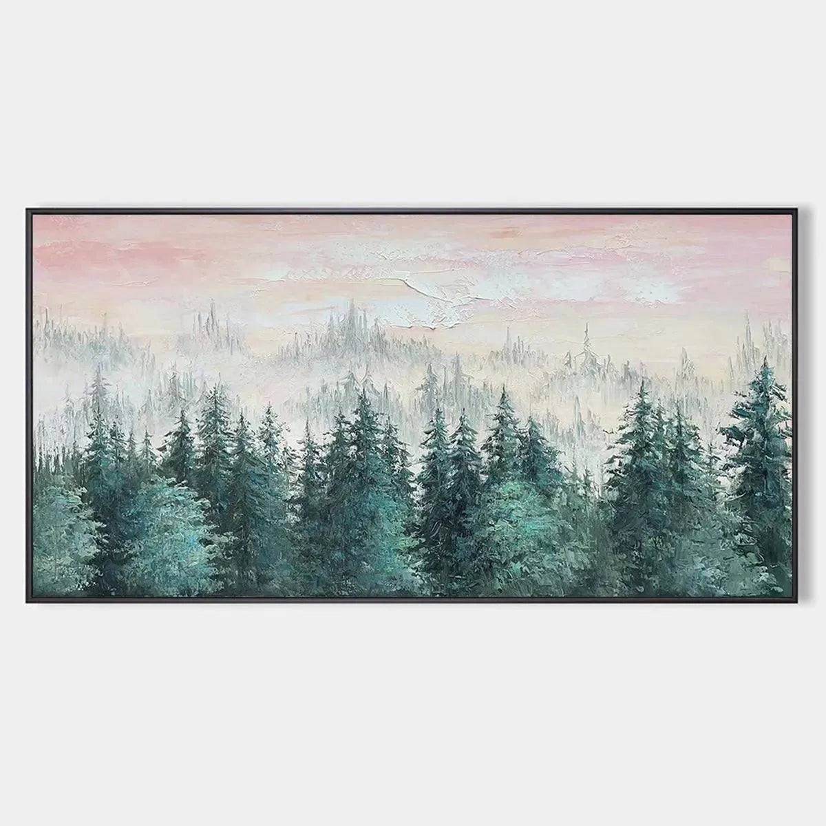 MISTY PINES: Panoramic Forest Landscape Painting, Misty Trees, Green