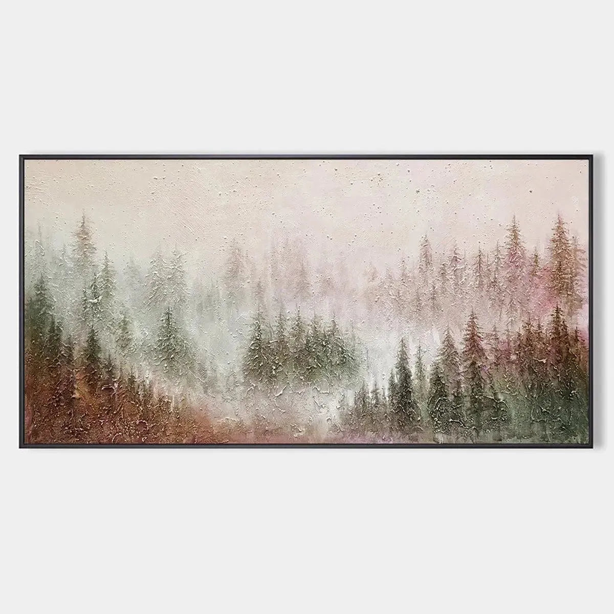 MISTY PINES: Panoramic Misty Forest Landscape Oil Painting