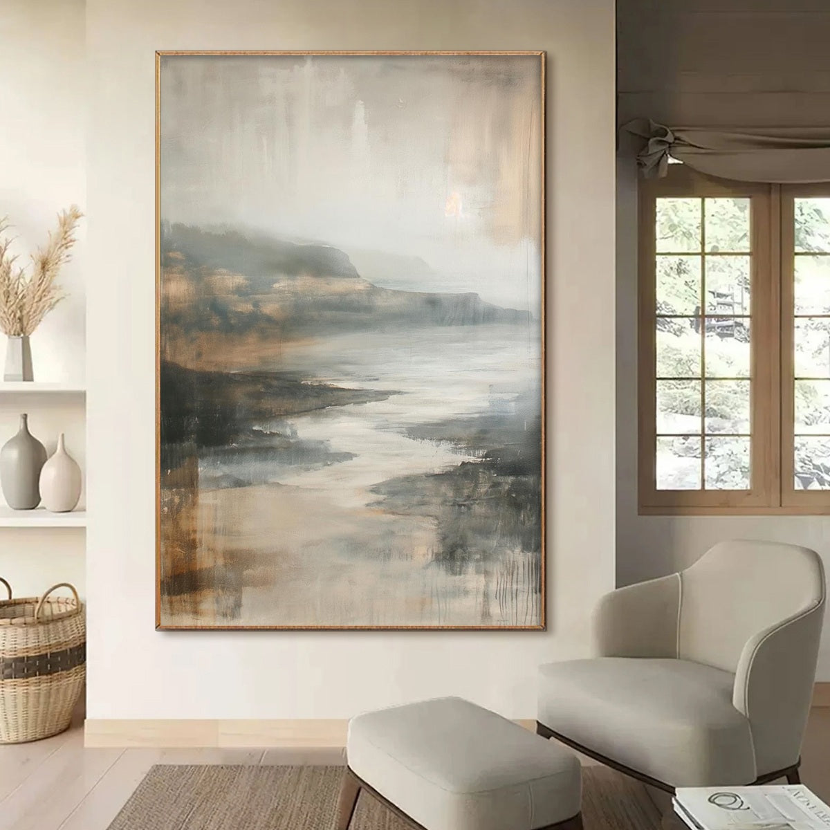 MISTY SHORES: Minimalist Coastal Landscape Oil Painting