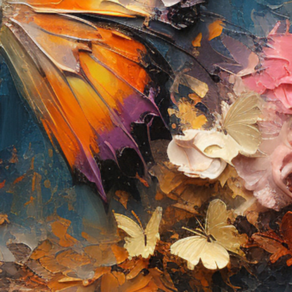 MONARCH'S REPOSE: Orange and Purple Butterfly with Floral Impasto Oil Painting