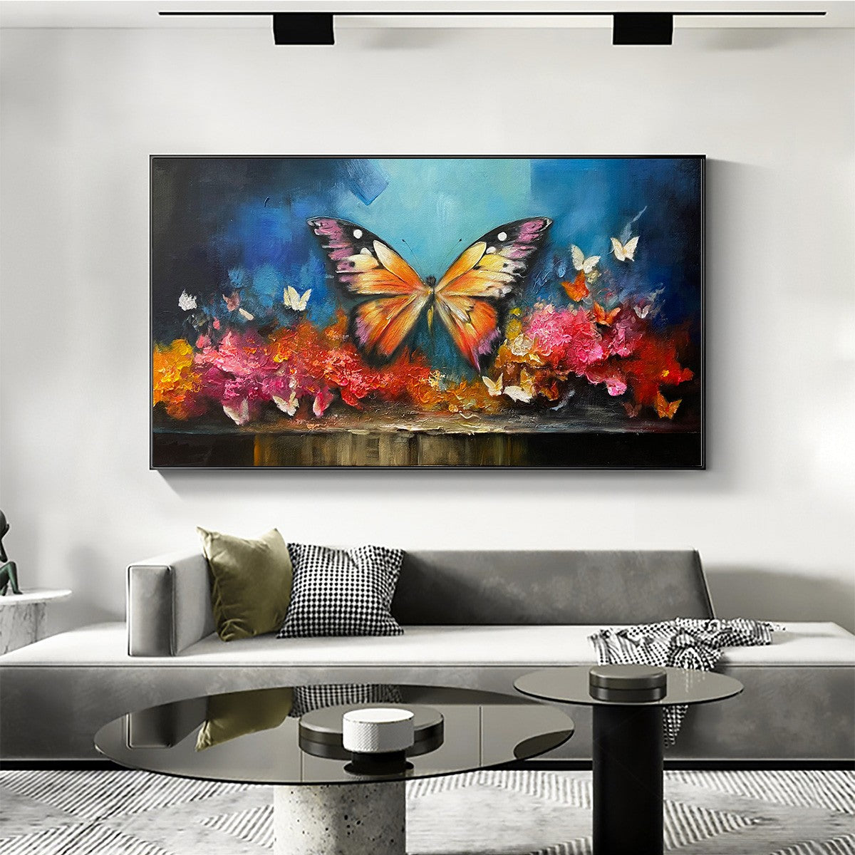 MONARCH'S REPOSE: Orange and Purple Butterfly with Floral Impasto Oil Painting