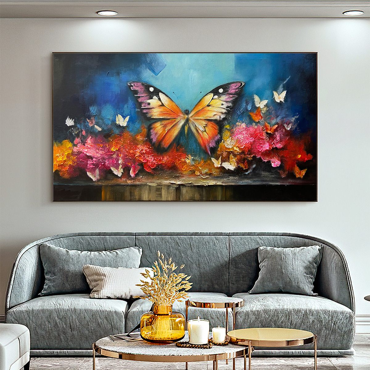 MONARCH'S REPOSE: Orange and Purple Butterfly with Floral Impasto Oil Painting