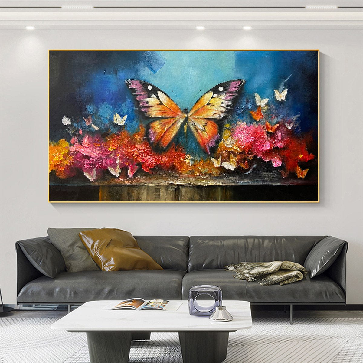 MONARCH'S REPOSE: Orange and Purple Butterfly with Floral Impasto Oil Painting