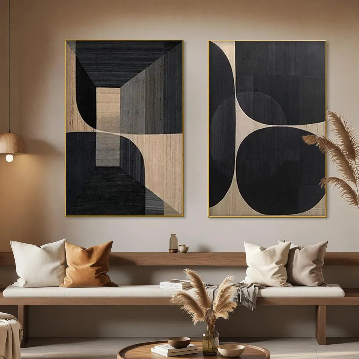 MINIMALIST GEOMETRIC DIPTYCH: Abstract Geometric Painting Set of 2, Square Wall Art