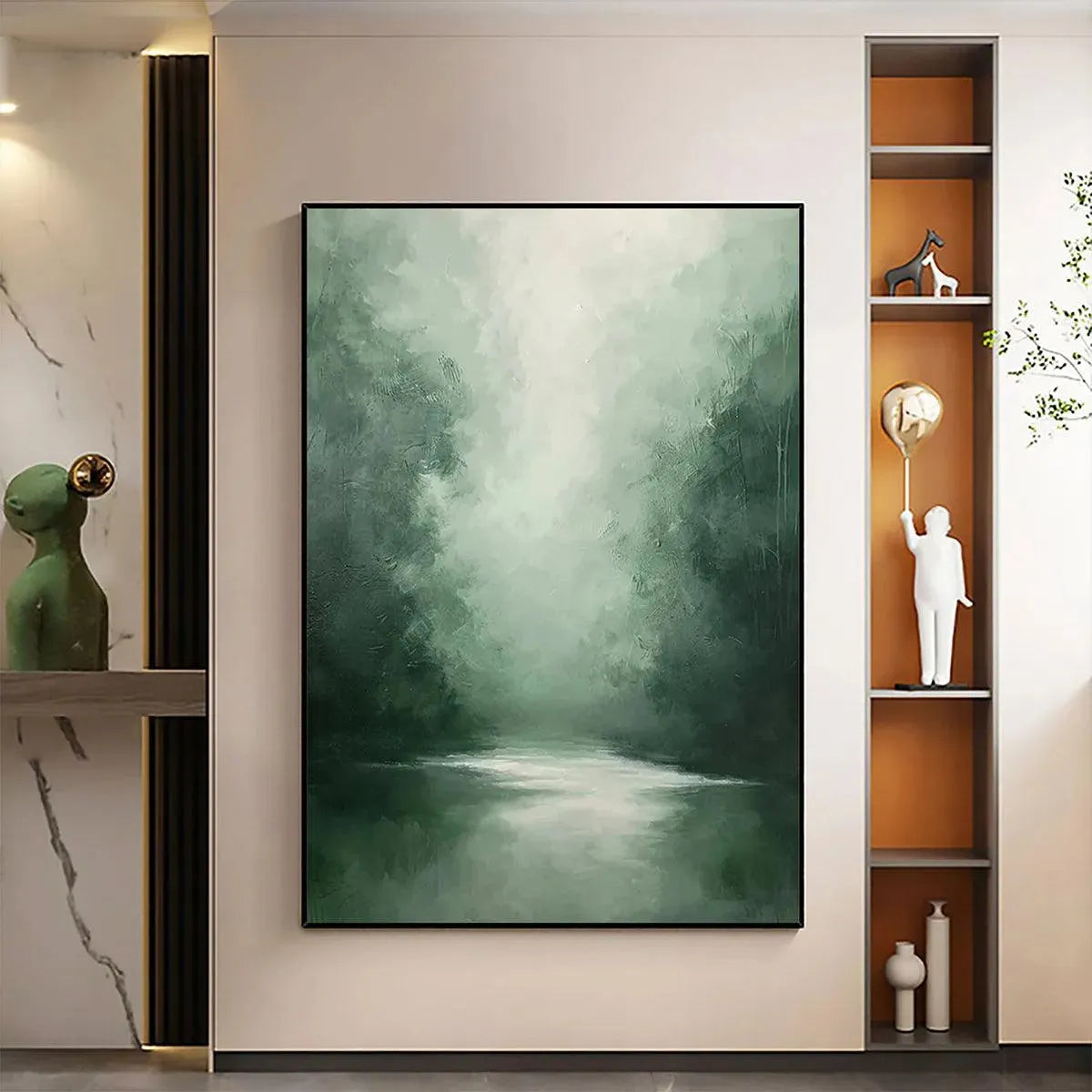 MISTY GREEN FOREST: Atmospheric Forest Landscape Painting, Vertical Wall Art