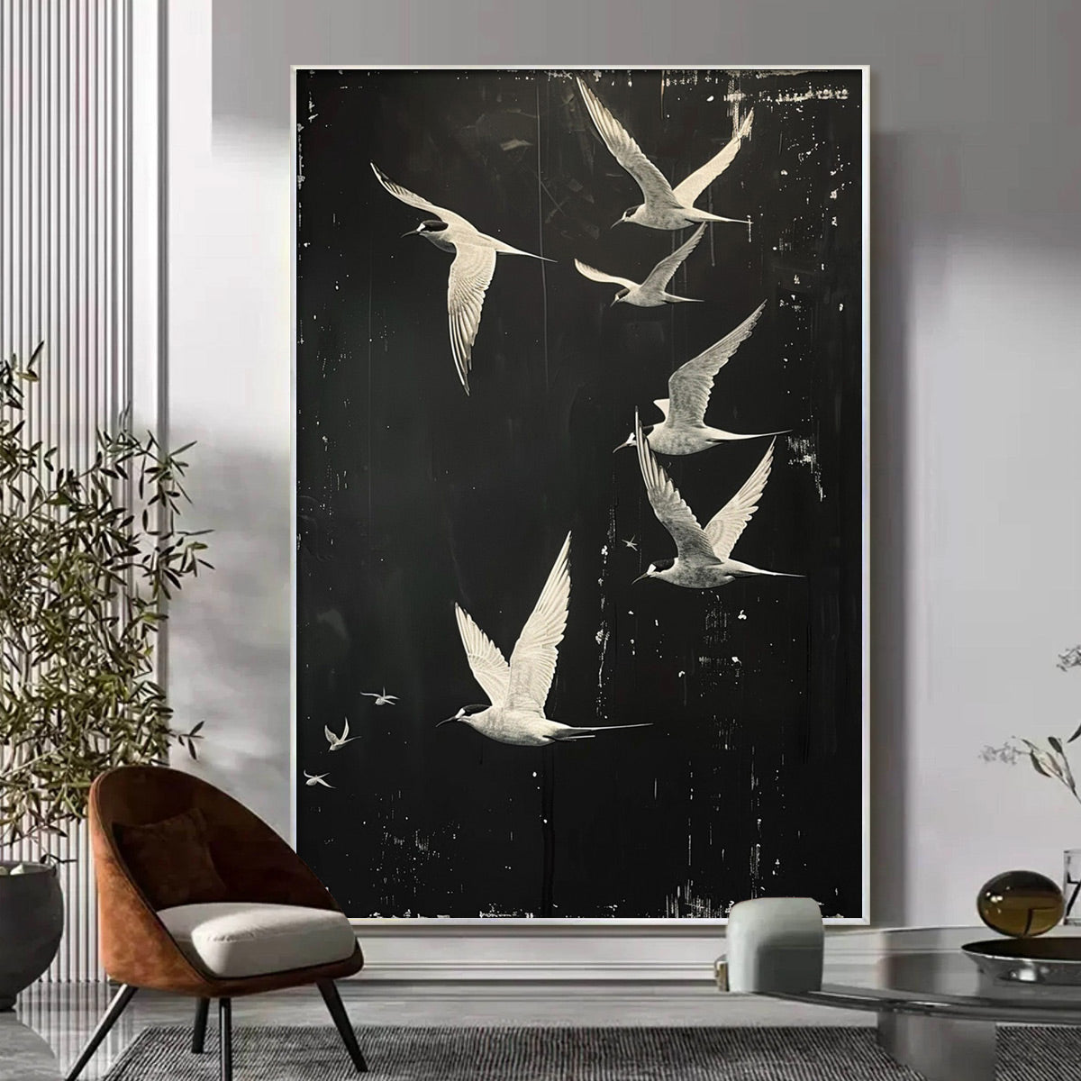 NIGHT FLIGHT: Monochromatic Birds in Flight Oil Painting