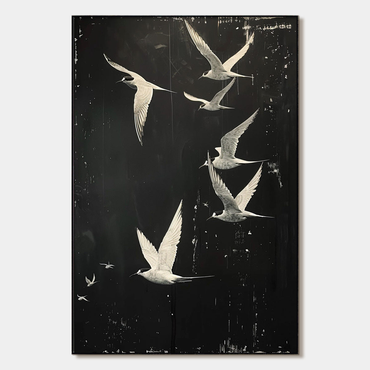 NIGHT FLIGHT: Monochromatic Birds in Flight Oil Painting