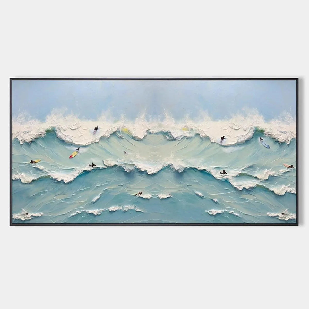 OCEAN'S HEARTBEAT: Panoramic Ocean Wave Painting with Surfers for Living Room