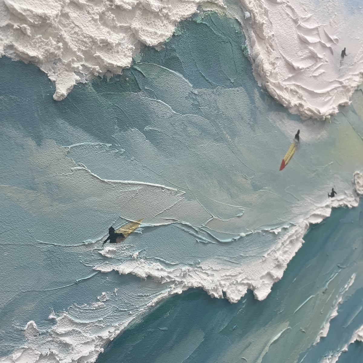 OCEAN'S HEARTBEAT: Panoramic Ocean Wave Painting with Surfers for Living Room
