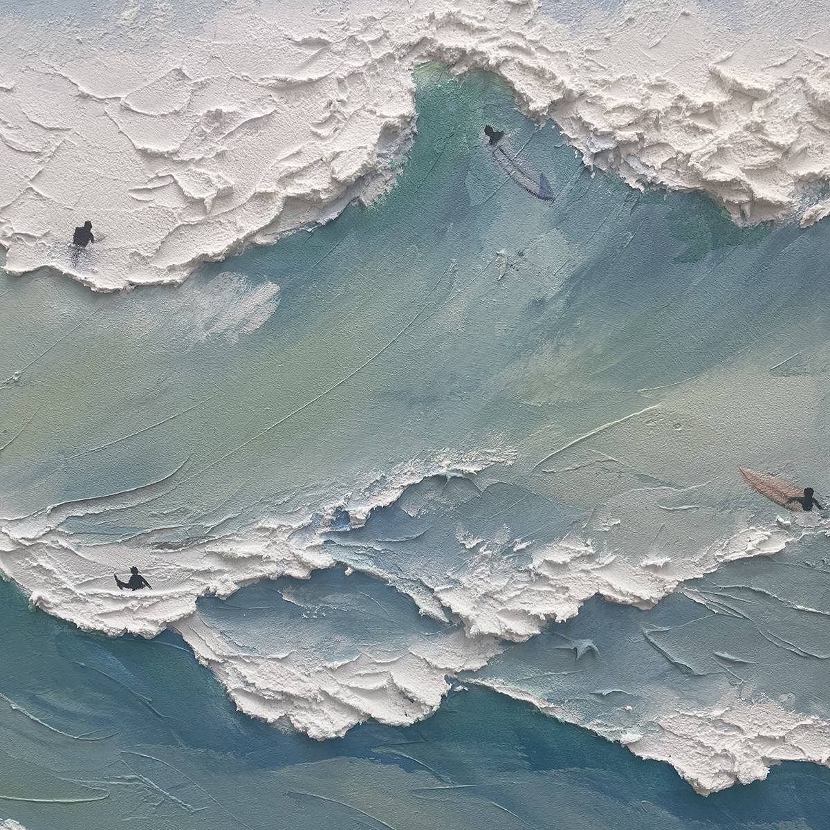 OCEAN'S HEARTBEAT: Panoramic Ocean Wave Painting with Surfers for Living Room