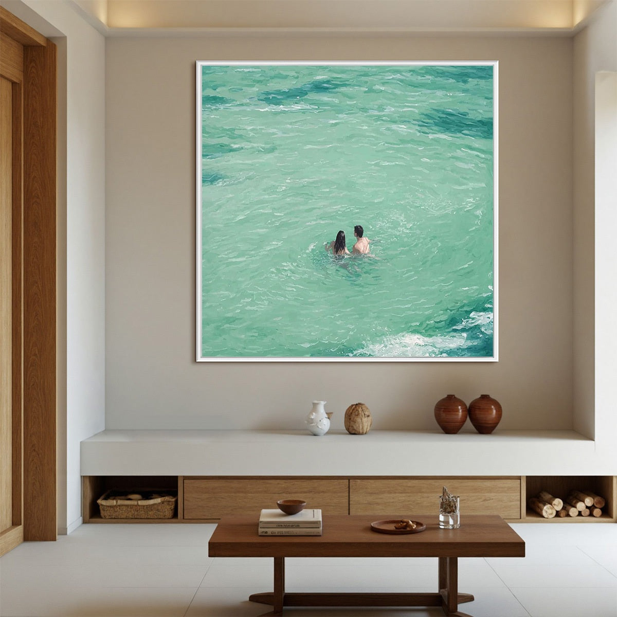OCEAN EMBRACE: Minimalist Beach Scene Oil Painting