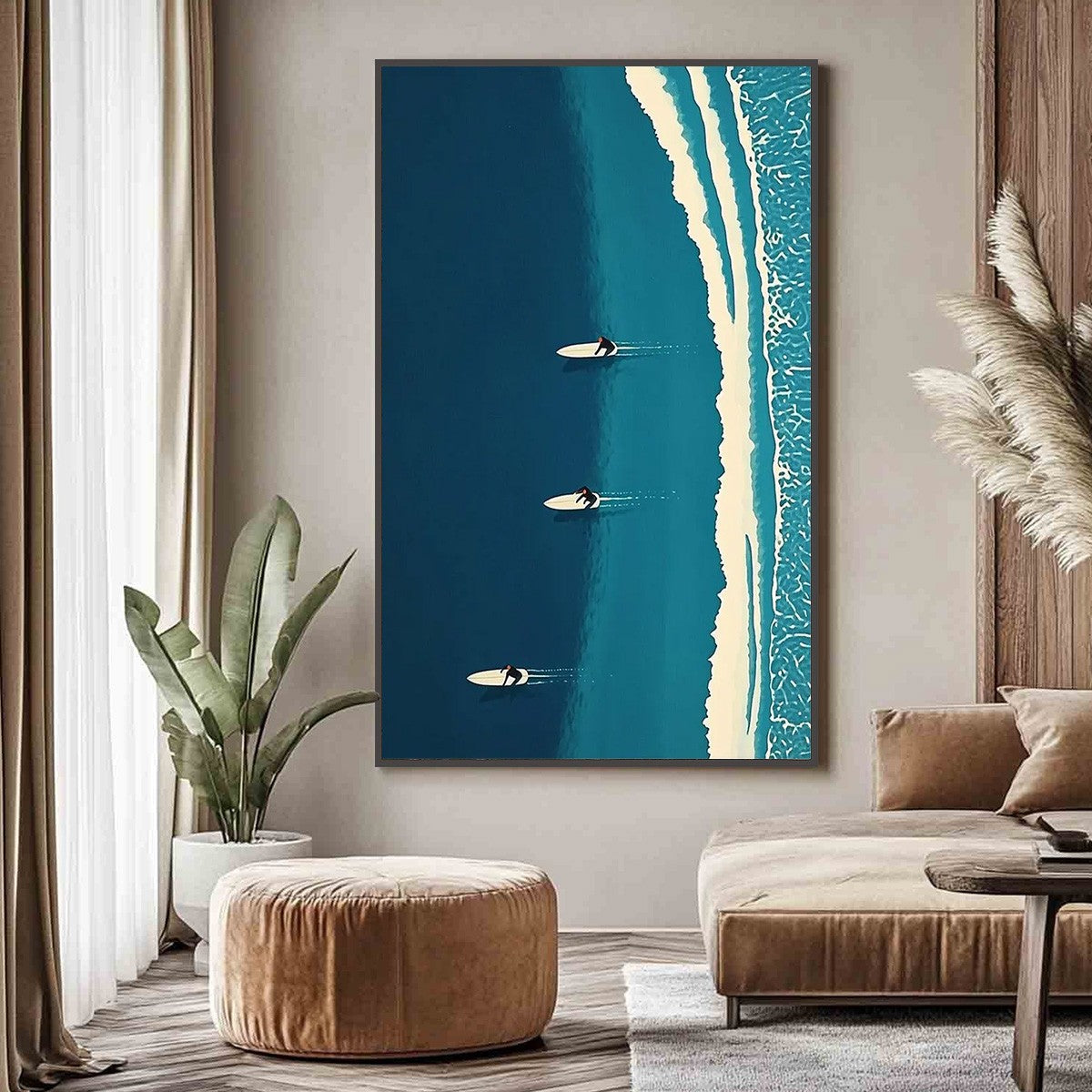 OCEAN'S THREE: Minimalist Aerial Surfing Scene Oil Painting