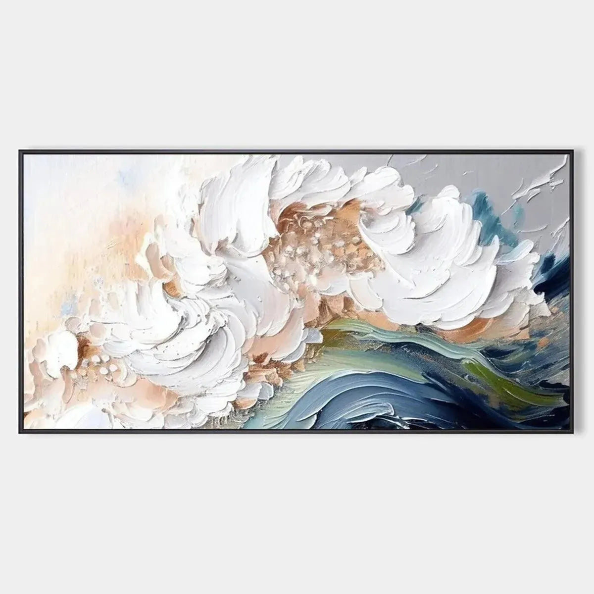 OCEAN WHISPERS: Textured Abstract Seascape Painting, White and Blue Wall Art, Panoramic Canvas, Coastal Decor
