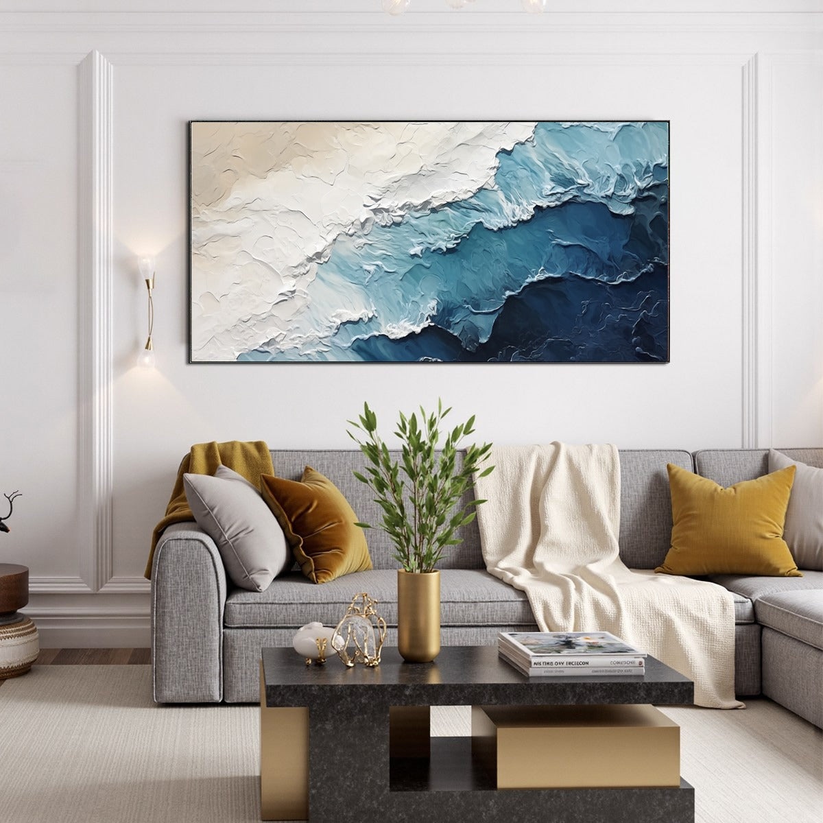 OCEAN WHISPERS: Textured Seascape Painting, Ocean Waves, Blue and White, Living Room, Bedroom