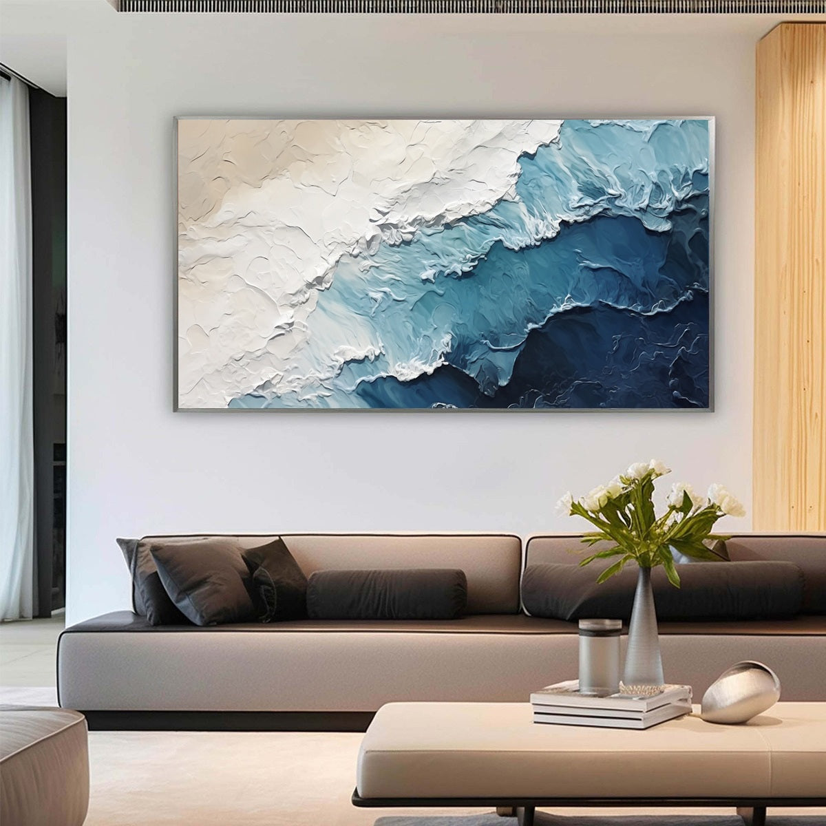 OCEAN WHISPERS: Textured Seascape Painting, Ocean Waves, Blue and White, Living Room, Bedroom
