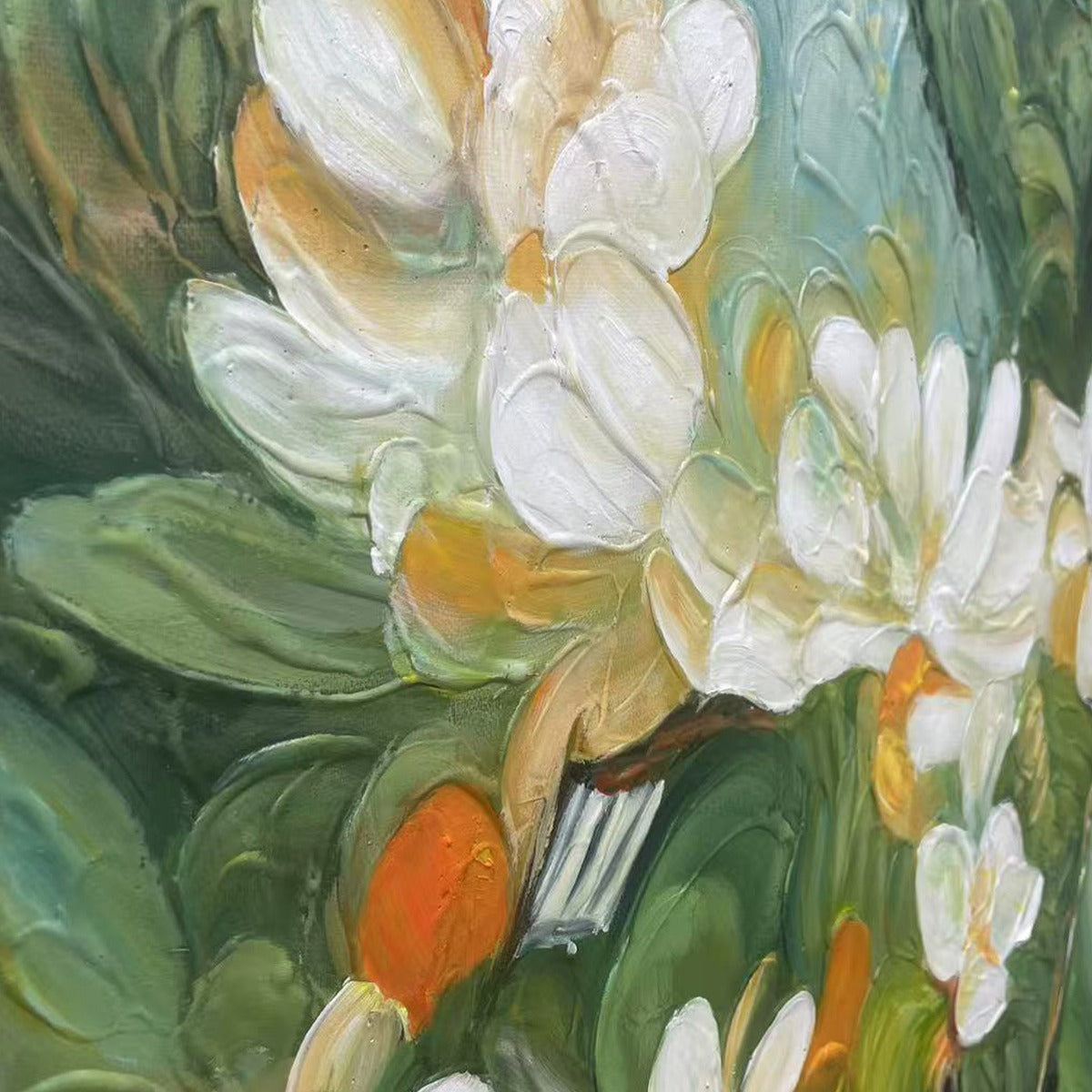 ORANGE BLOSSOM: Textured Floral Painting, White Flowers Wall Art, Panoramic Canvas, Impressionist Decor