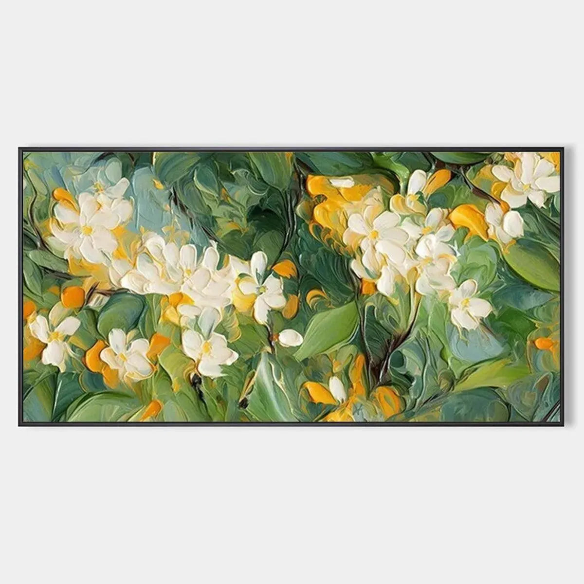 ORANGE BLOSSOM: Textured Floral Painting, White Flowers Wall Art, Panoramic Canvas, Impressionist Decor