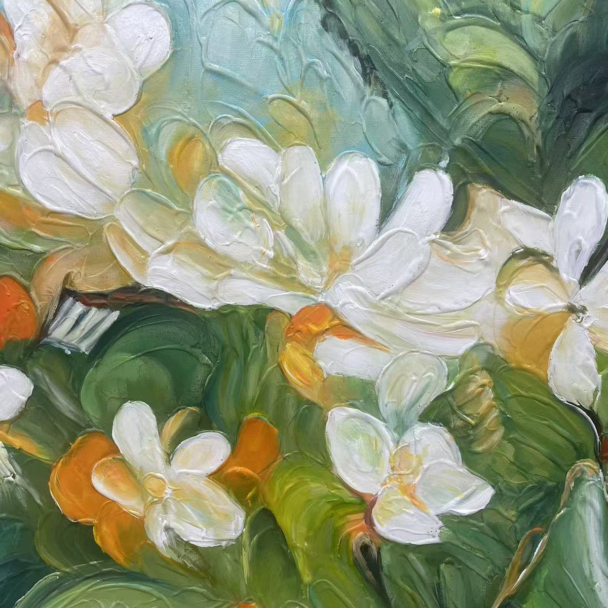 ORANGE BLOSSOM: Textured Floral Painting, White Flowers Wall Art, Panoramic Canvas, Impressionist Decor