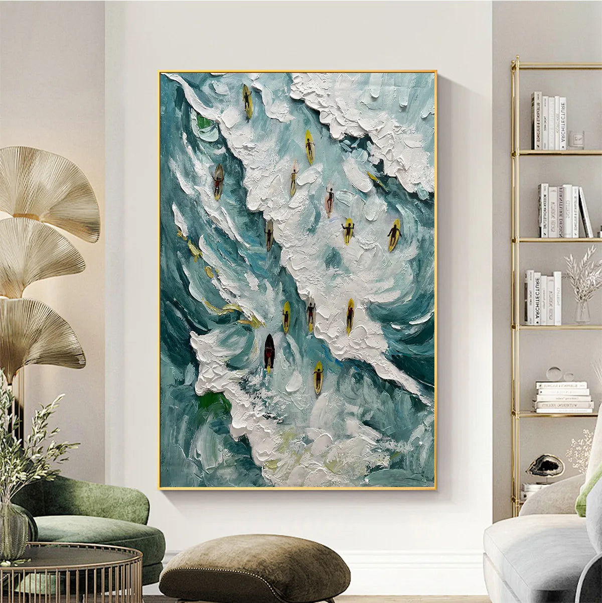 CATCHING THE WAVE: Ocean Surfers Impasto Oil Painting on Canvas