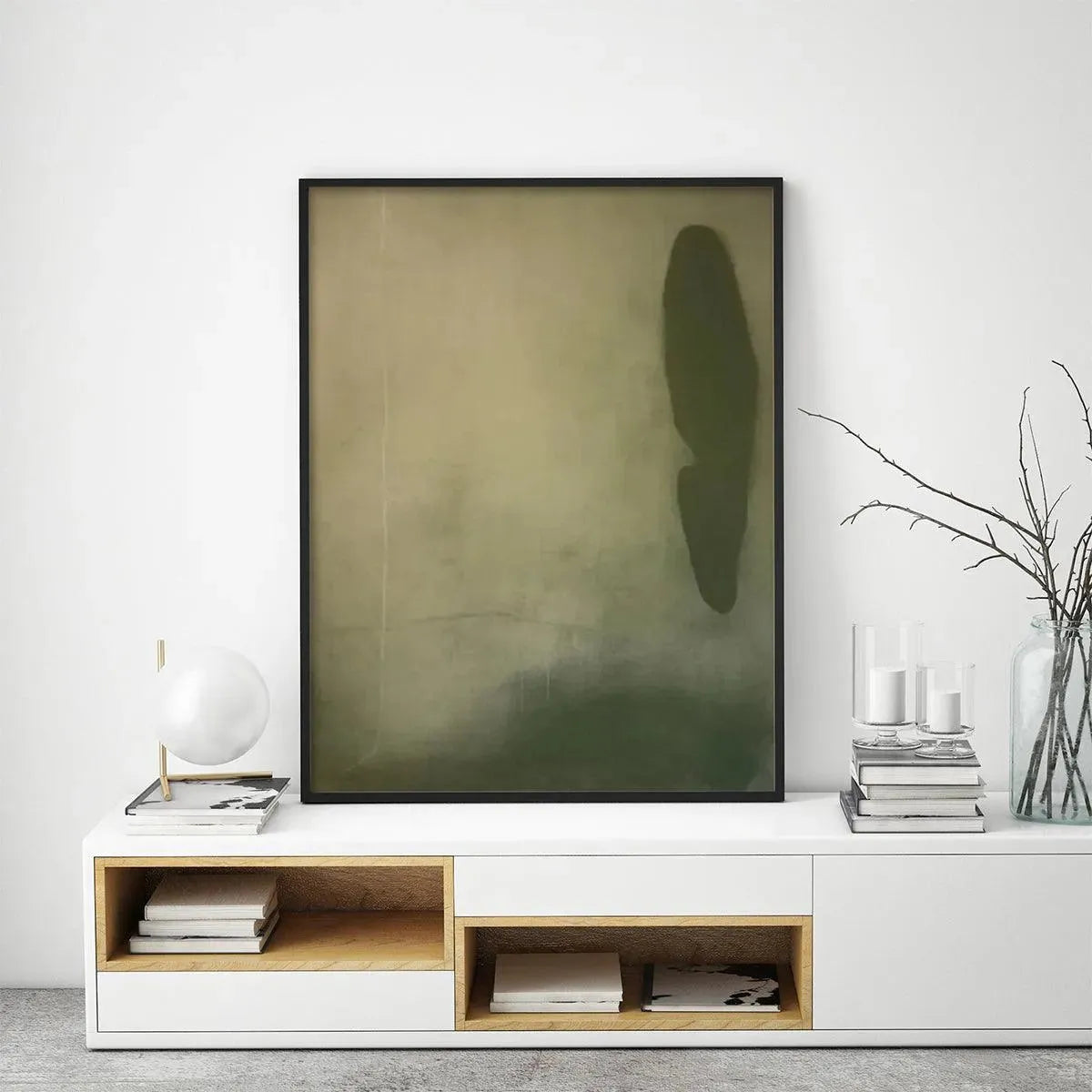 OLIVE SERENITY: Minimalist Abstract Painting, Vertical Wall Art