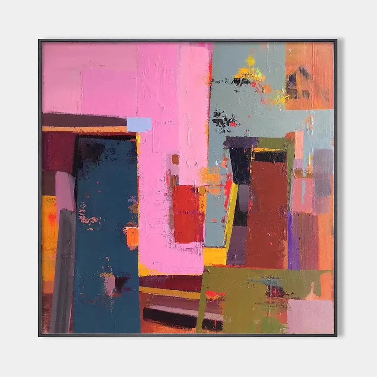PINK AND GREEN URBAN ABSTRACT: Colorful Abstract City Painting, Square Wall Art