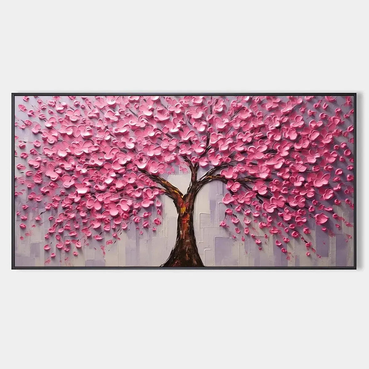 PINK BLOSSOM ABUNDANCE: Textured Impasto Cherry Blossom Tree Painting, Horizontal Wall Art