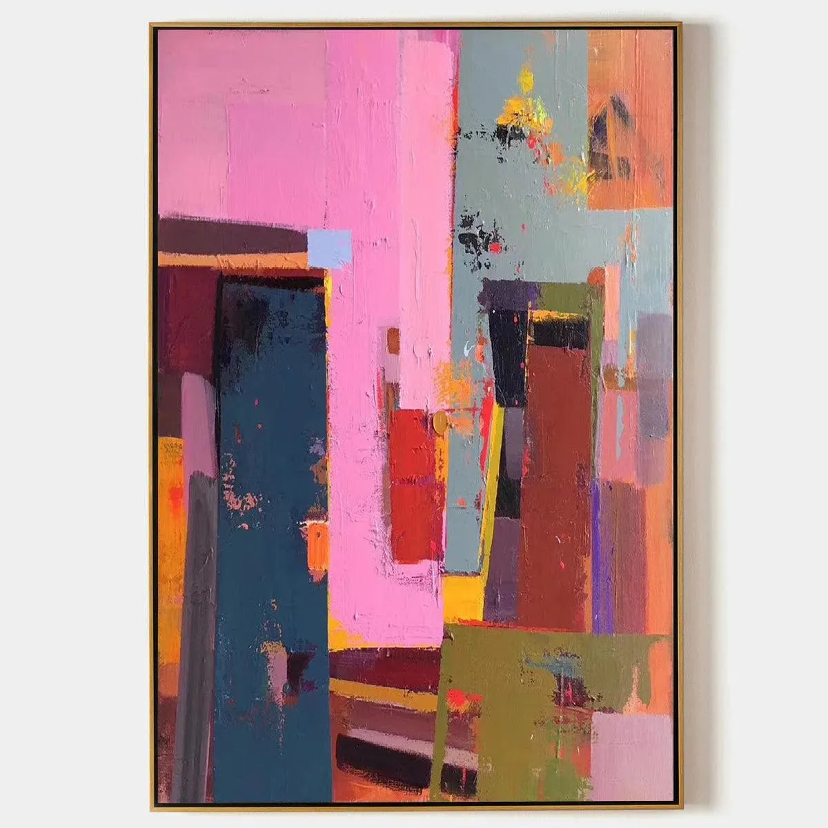 PINK CITY ABSTRACT: Colorful Abstract City Painting, Vertical Wall Art