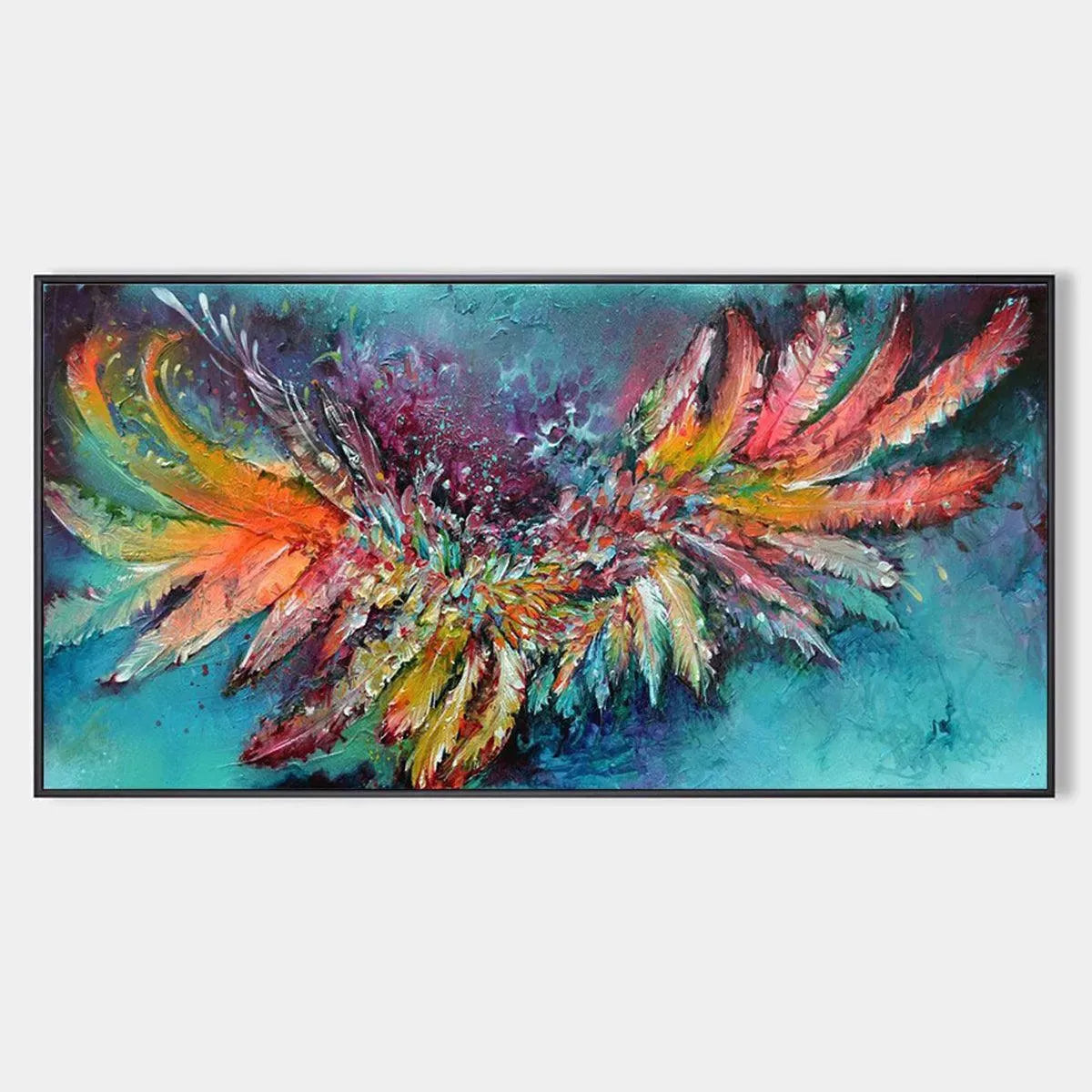 PLUMAGE FIRE: Vibrant Abstract Feather Oil Painting