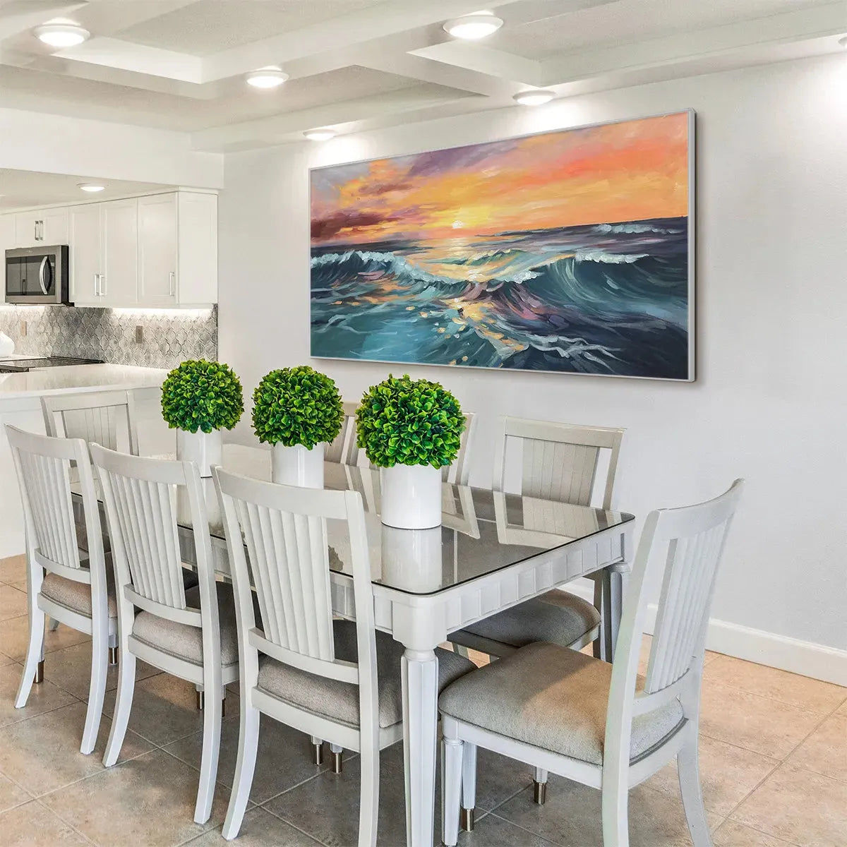 OCEAN'S EMBRACE: Panoramic Ocean Sunset Painting in Teal and Orange