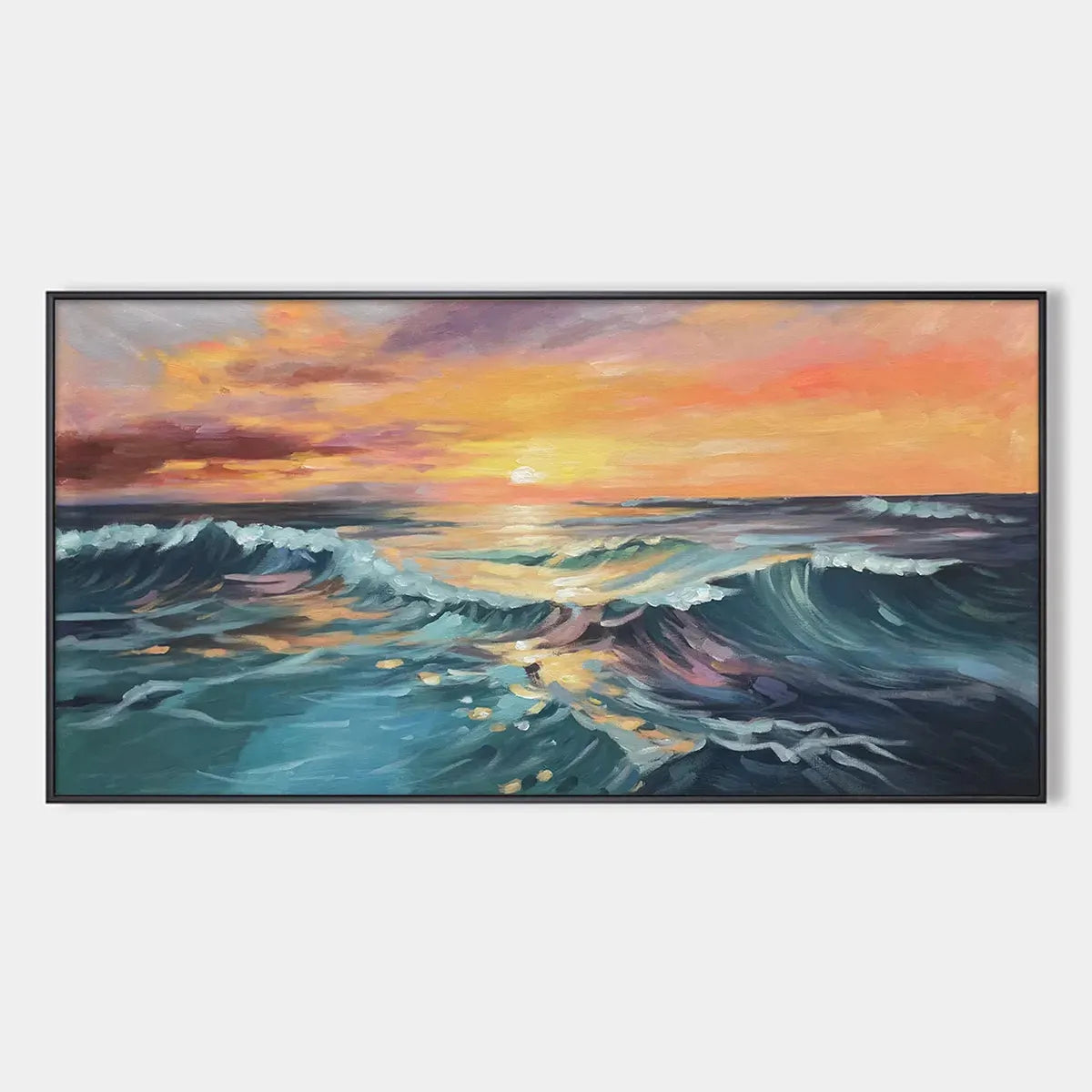 OCEAN'S EMBRACE: Panoramic Ocean Sunset Painting in Teal and Orange
