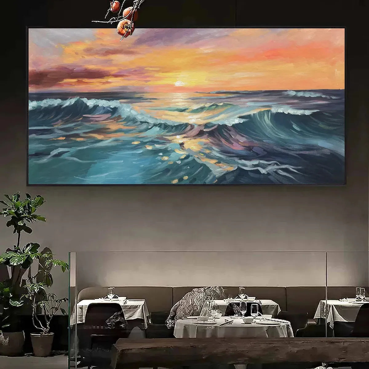 OCEAN'S EMBRACE: Panoramic Ocean Sunset Painting in Teal and Orange