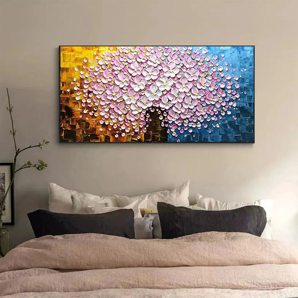 PINK BLOSSOM DREAM: Textured Floral Impasto Painting in Pink and White