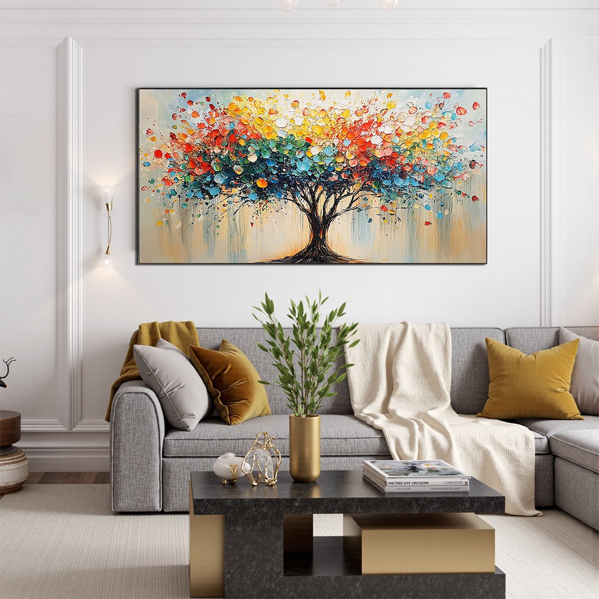 RAINBOW BURST: Textured Impasto Tree of Life Oil Painting