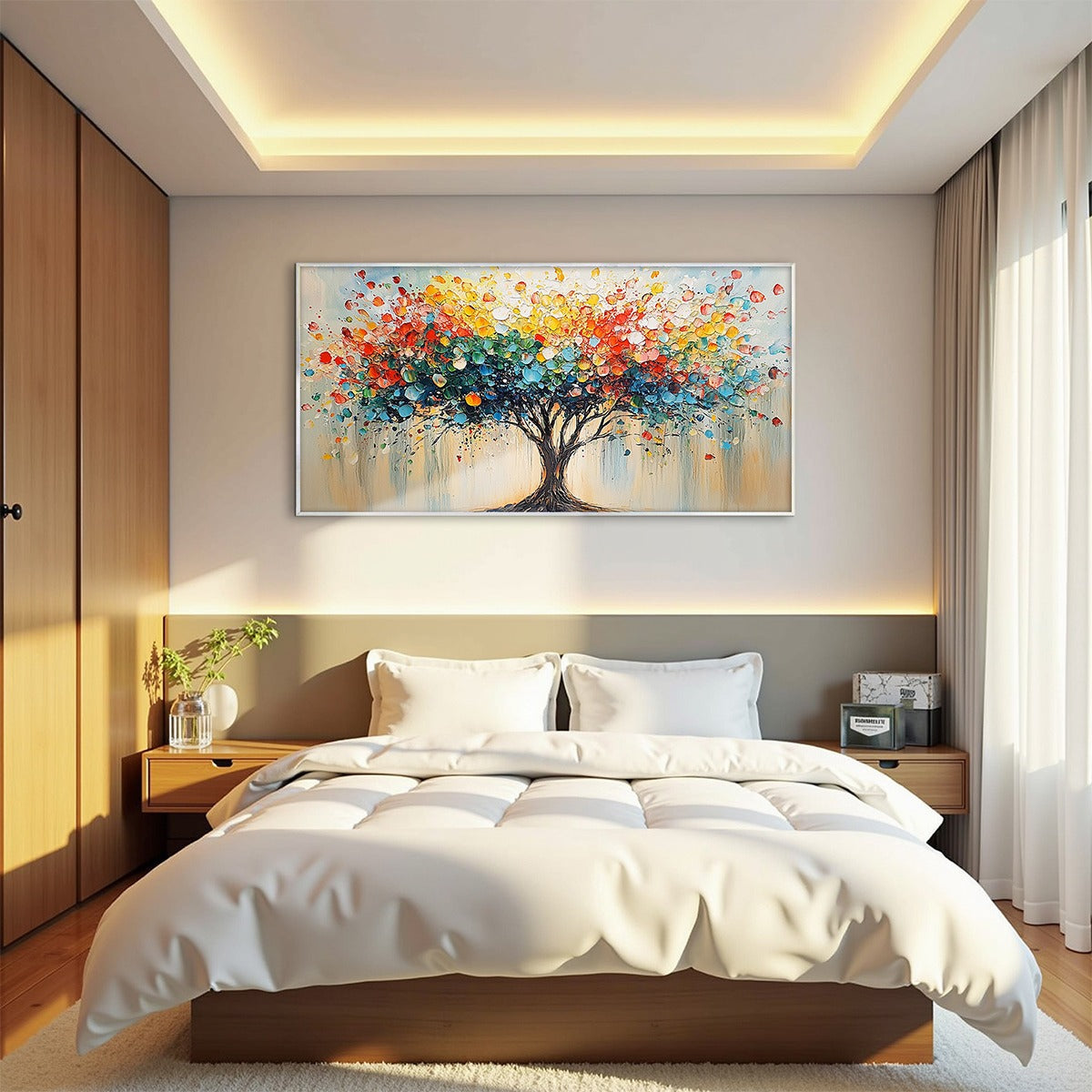 RAINBOW BURST: Textured Impasto Tree of Life Oil Painting