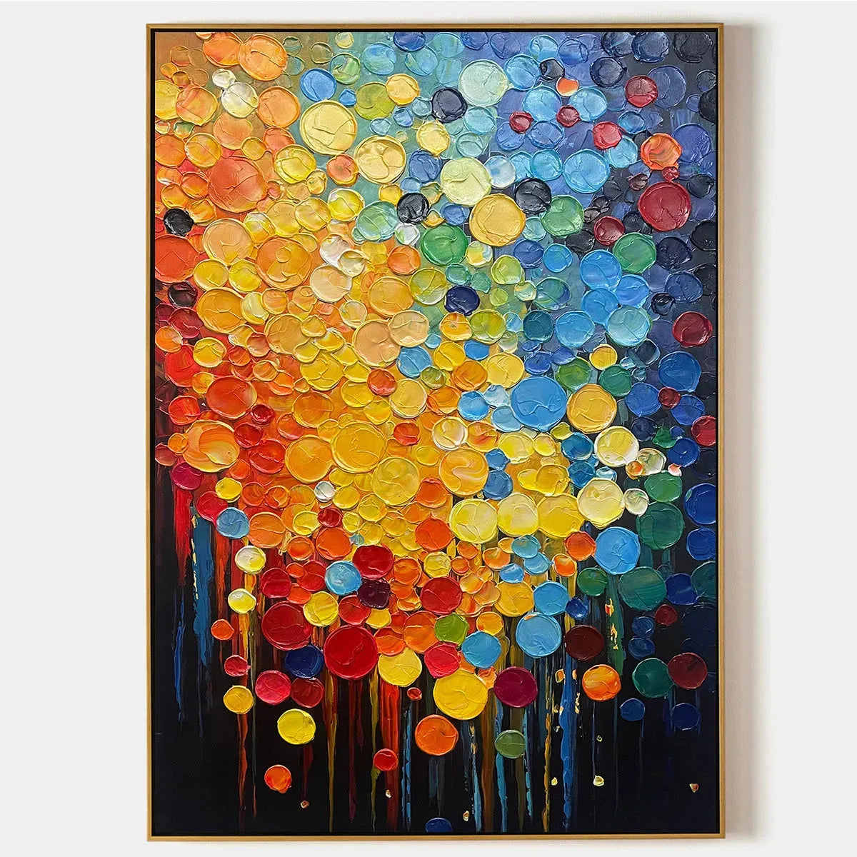 RAINBOW DROPS: Vertical Abstract Painting with Colorful Circles, Textured Impasto, Modern Wall Art
