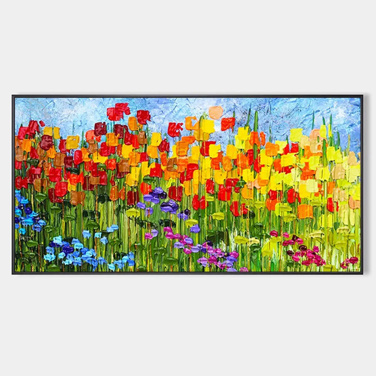 RAINBOW FIELD: Panoramic Impasto Colorful Flower Field Oil Painting