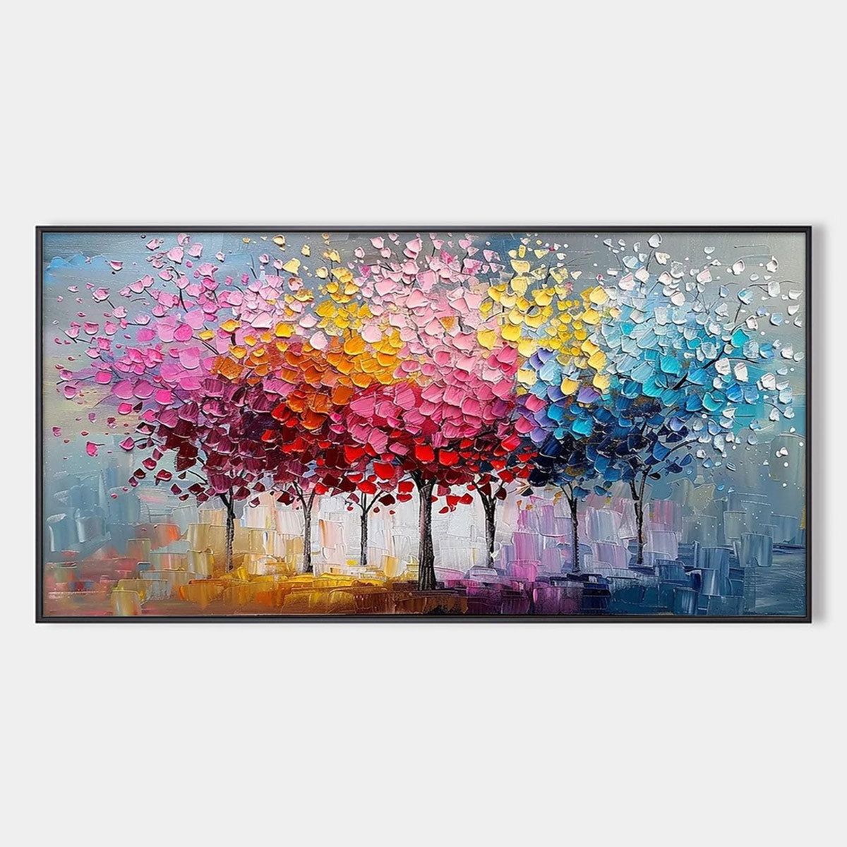 RAINBOW FOREST: Textured Impasto Trees Oil Painting