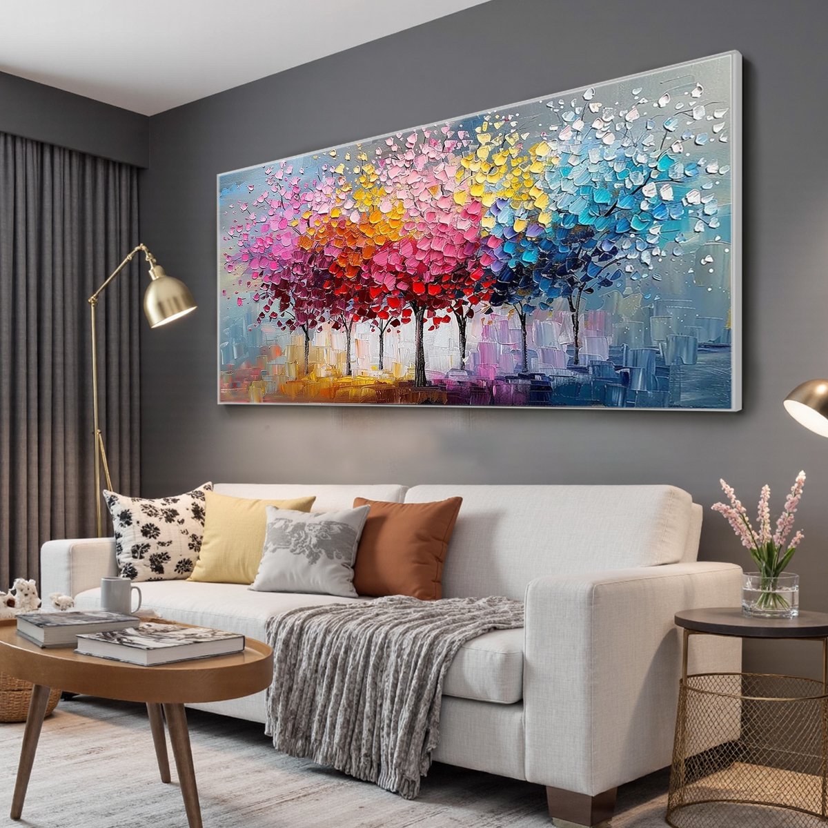 RAINBOW FOREST: Textured Impasto Trees Oil Painting