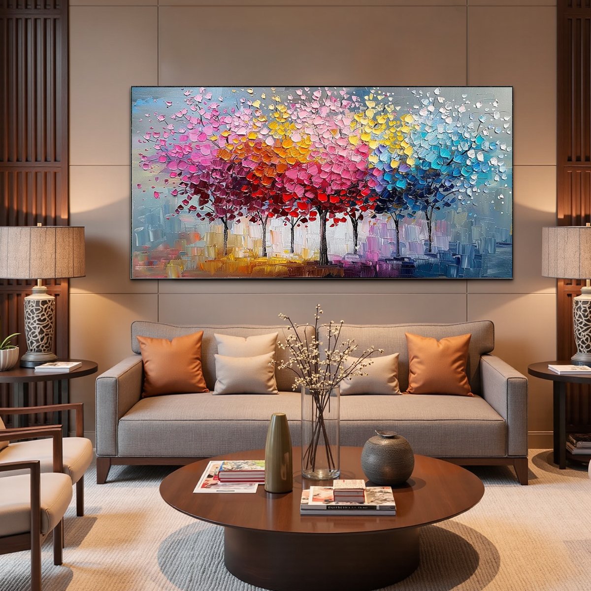 RAINBOW FOREST: Textured Impasto Trees Oil Painting