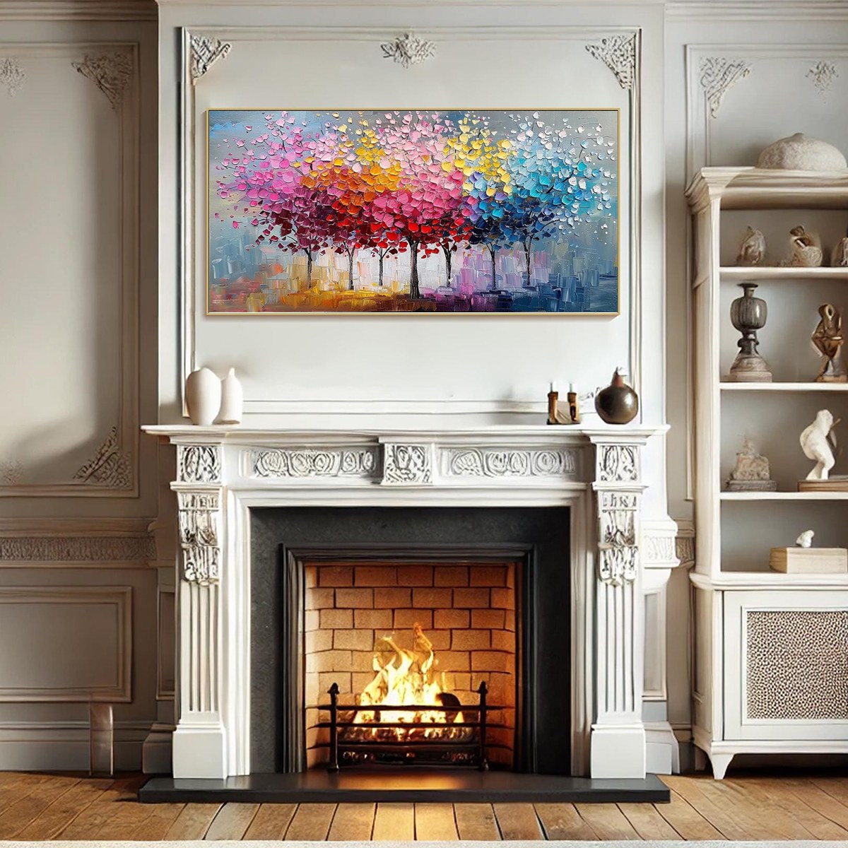 RAINBOW FOREST: Textured Impasto Trees Oil Painting