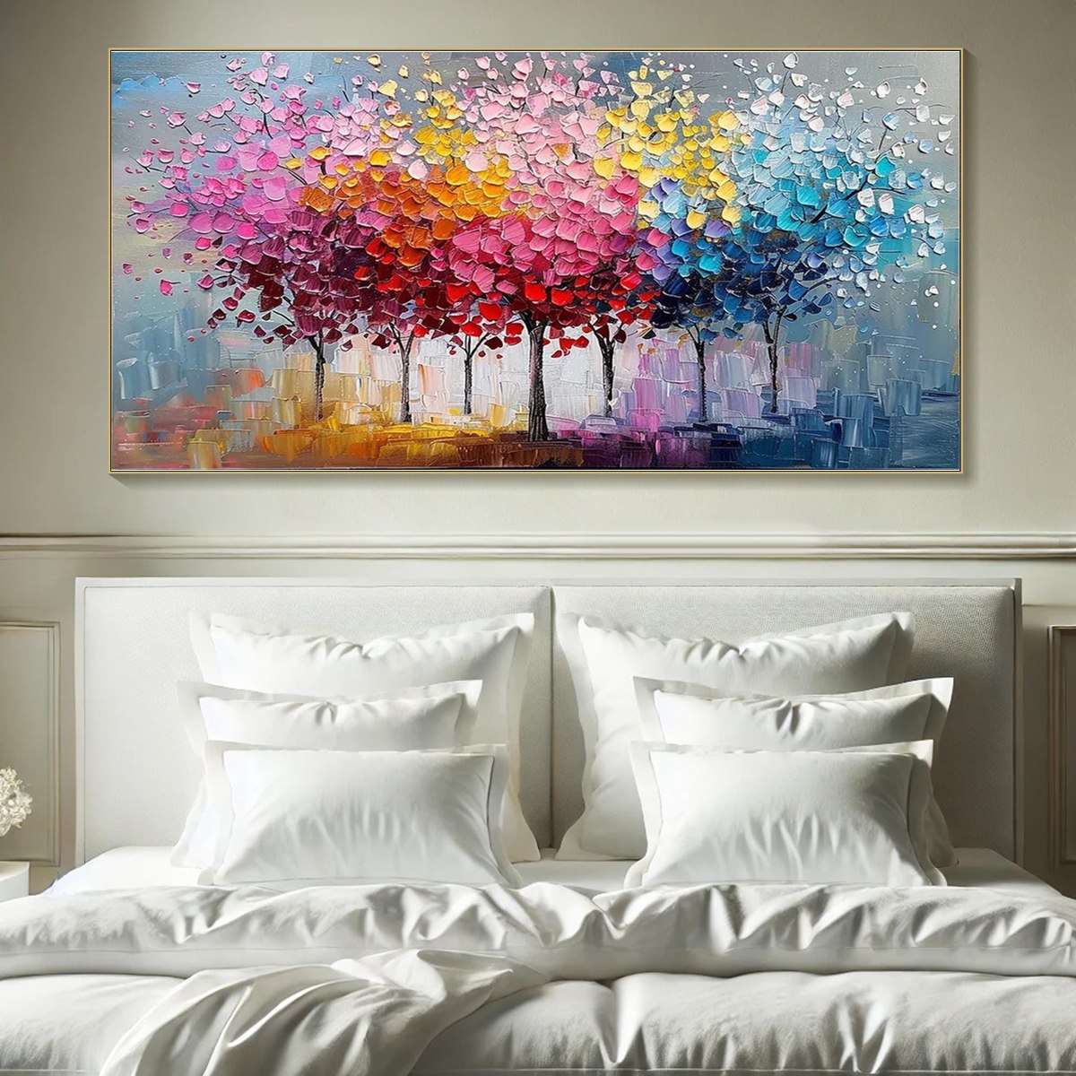RAINBOW FOREST: Textured Impasto Trees Oil Painting