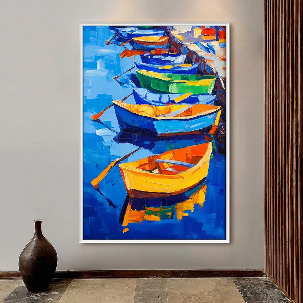 RAINBOW HARBOR: Vibrant Impasto Boatscape Oil Painting