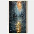 RAINY DAY REFLECTIONS: Vertical Painting of a Rainy City Street, Minimalist Figures, Modern Wall Art, Blue and Gold
