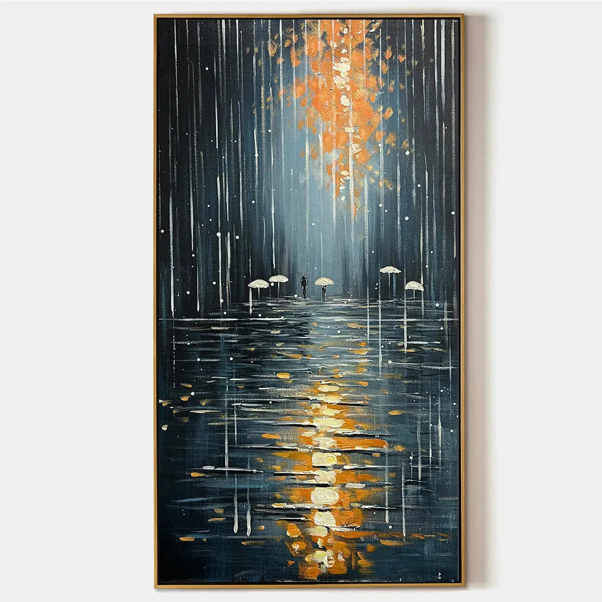 RAINY DAY REFLECTIONS: Vertical Painting of a Rainy City Street, Minimalist Figures, Modern Wall Art, Blue and Gold