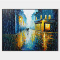 RAINY NIGHT IN PARIS: Textured Cityscape Painting, Rainy Street Scene, Blue, Living Room, Dining Room, Office