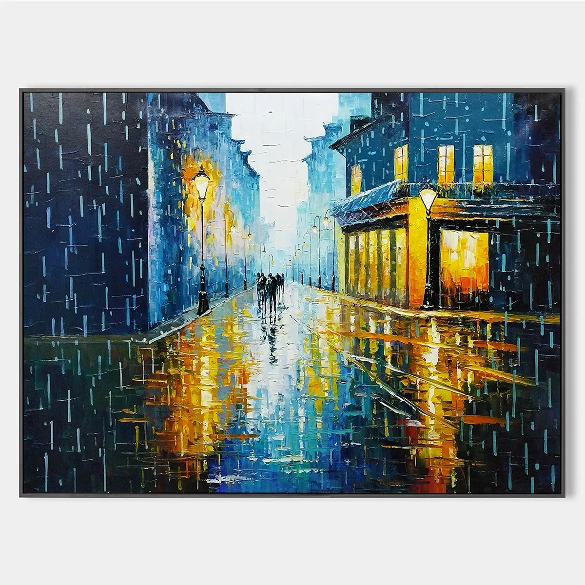 RAINY NIGHT IN PARIS: Textured Cityscape Painting, Rainy Street Scene, Blue, Living Room, Dining Room, Office