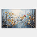 RED BIRD ON BRANCHES: Horizontal Impasto Painting, Bird on Blossoming Branches, Textured Wall Art, Blue