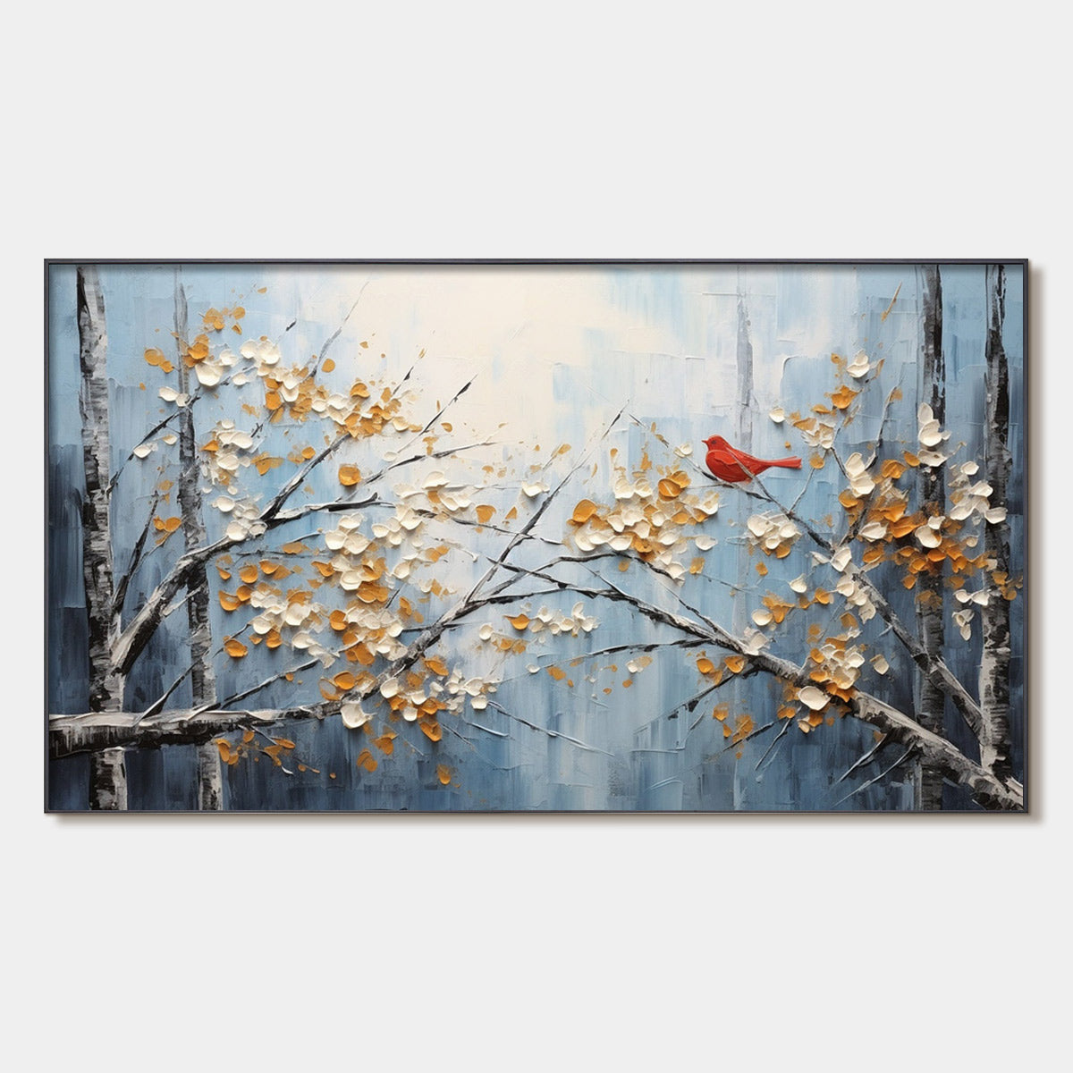 RED BIRD ON BRANCHES: Horizontal Impasto Painting, Bird on Blossoming Branches, Textured Wall Art, Blue