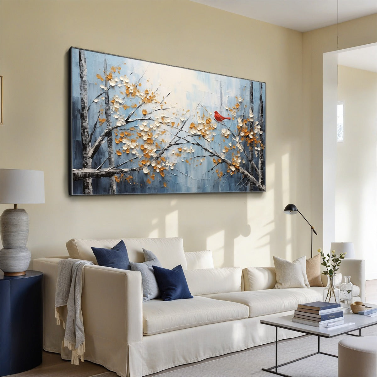 RED BIRD ON BRANCHES: Horizontal Impasto Painting, Bird on Blossoming Branches, Textured Wall Art, Blue
