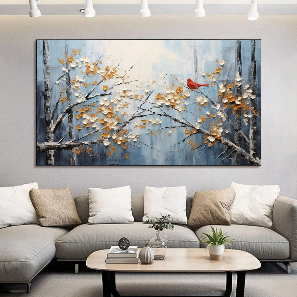 RED BIRD ON BRANCHES: Horizontal Impasto Painting, Bird on Blossoming Branches, Textured Wall Art, Blue